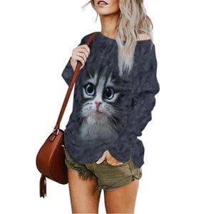 ⭐️Host Pick ⭐️ 2/$15 NWOT Women 3D Animal Cute Cat Print Long Sleeve Round Neck